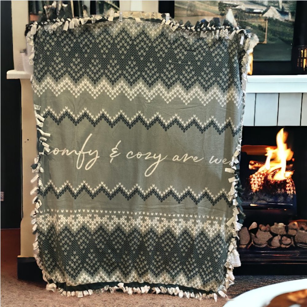 HANDMADE BLANKET -- Reversible Sofa Blanket, Green w/Saying, White W/Snowflakes